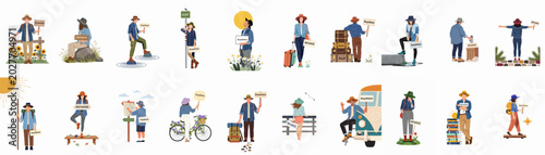 Tableau sur toile A collection of flat vector illustrations depicting various travelers and adventurers exploring different environments with signs saying Anywhere, symbolizing freedom and the spirit of wanderlust