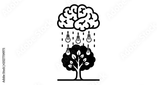 Brain Cloud Raining Lightbulbs onto a Tree for Creative Growth Concept