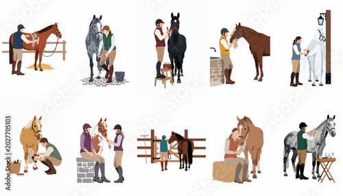 Fotografie Set of equestrian flat illustrations showing people grooming, cleaning, feeding, and caring for horses in various farm and stable activities