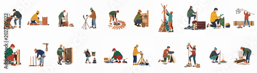 Konstfotografi Vector illustration set of people practicing various bushcraft and survival skills like fire making, shelter building, and woodcraft in nature