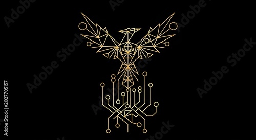 Golden Geometric Phoenix with Digital Circuitry Design on Black