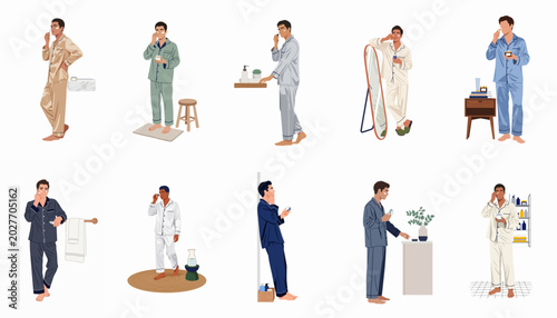 Photos Set of diverse men in pajamas practicing skincare routines, applying facial cream and moisturizer in various home settings, flat illustration style