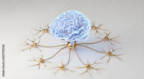 Digital Brain Connected to Gold Neural Network on Grey