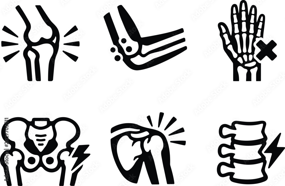 Fototapeta premium Orthopedic joint pain bone health injury vector icons
