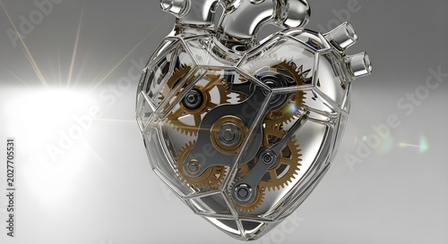 Futuristic Anatomical Heart with Golden Gears and Glass Shell