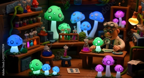 Whimsical Clay Scientist Studying Glowing Mushrooms in a Magic Lab