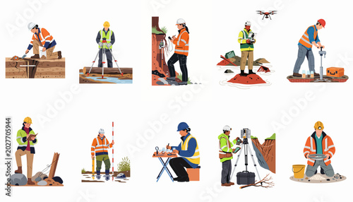 Schilderij op canvas Set of professional geologists, surveyors and environmental scientists performing fieldwork, soil sampling, and site analysis using various scientific instruments and equipment