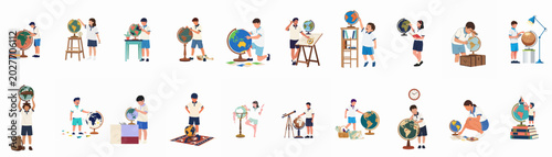 Tableau sur toile Collection of diverse school children exploring geography and the world through globes and maps in a flat vector illustration style