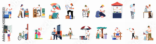 Fotografija Collection of flat vector illustrations showing people providing water, hydration, and cooling relief during extreme heat waves and various outdoor community events