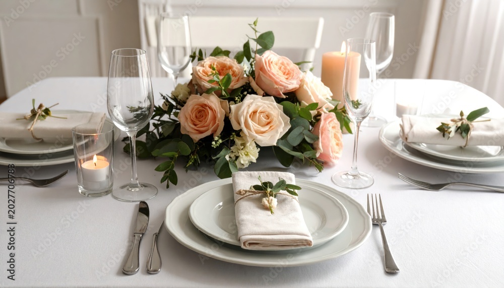 Fototapeta premium Elegant table setting with plates, glasses, cutlery and floral arrangement, decorated with candle light for special social events.