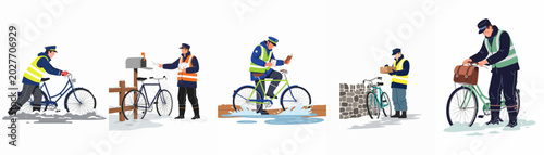 Fotografi Set of illustrations depicting a mail carrier delivering mail and packages by bicycle in snowy and wet winter weather conditions