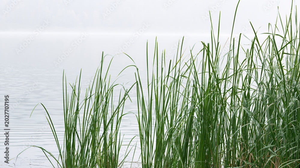 Obraz premium Misty Gray-Green Aquatic Sedge Grass Lakeside, Minimal Cool Waterside Plant Background