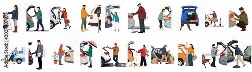 Foto Diverse set of flat vector illustrations depicting people loading trunks, charging electric vehicles, and engaging in various daily car-related activities