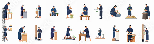 Tableau sur toile Illustration set of a Japanese man in traditional clothing grating wasabi in multiple poses and scenes, featuring various tools and settings