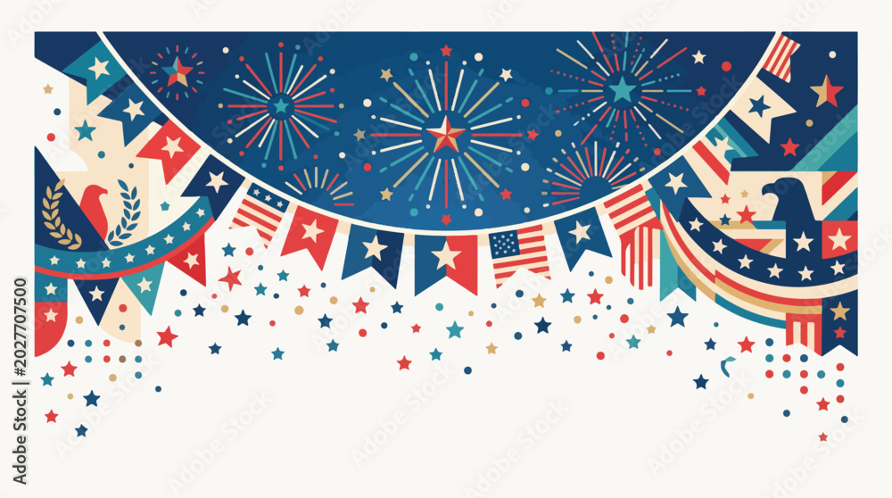 Obraz premium Festive fourth of july celebration banner with patriotic fireworks and flags