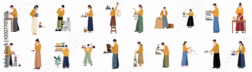 Schilderij op canvas Collection of flat vector illustrations featuring baristas and cafe workers performing various coffee preparation tasks, including brewing, serving, and managing a specialty coffee shop