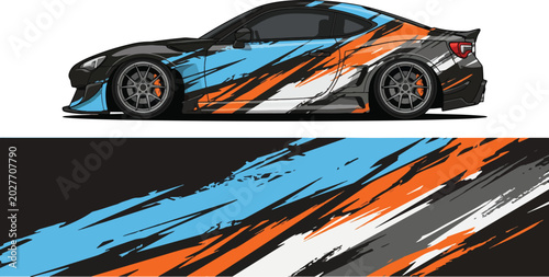 Car with colorful racing stripe design.
