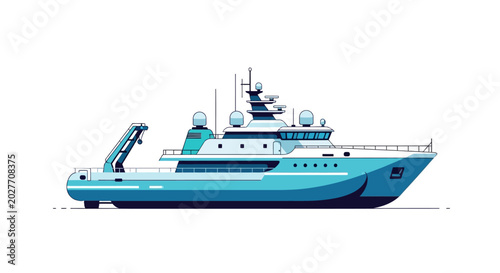 Modern expedition yacht for ocean research and maritime exploration in flat vector style