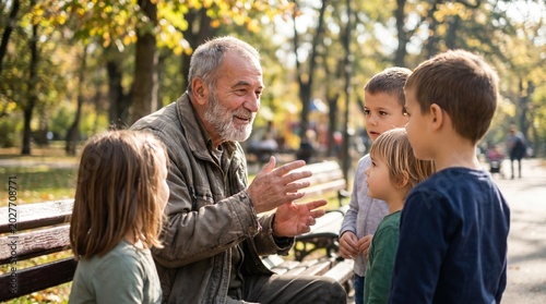 Grandfather telling stories to children in a park during autumn.