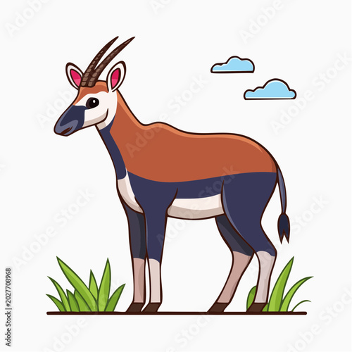 Cartoon Oryx Antelope Standing in Grass with Clouds