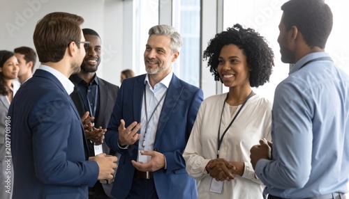Group of diverse business professionals, businessmen and businesswomen, networking at a conference event.