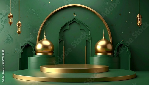 Elegant green and gold islamic podium with archway and lanterns
