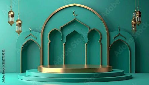 Gold mosque arch podium on teal background with lanterns