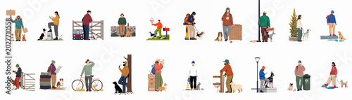 Foto Large set of diverse people traveling, hiking, and walking their dogs in various outdoor and urban settings