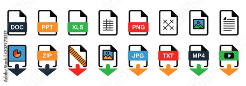 Photos File type icon collection representing document formats PDF DOC PPL XLS PNG JPG and text files in modern vector style