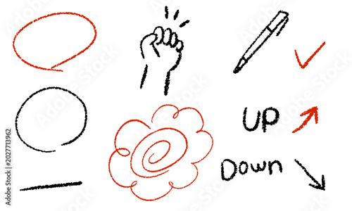 手描き、手書き、あしらい、デコレーション、装飾、ライン、丸、矢印、UP、DOWN、強調、ポイント、赤、黒、落書き、ラフ、ゆるい、かわいい、ナチュラル、ペン、ポップ、おしゃれ、線画、セット、メモ、ノート、見出し、フレーム、イラスト、ベクター、アイコン、記号、デザイン、白バック、ビジネス