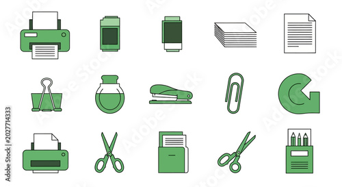 Green office supplies and gadgets.