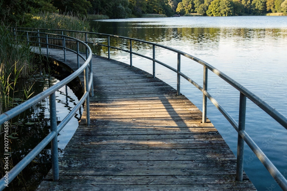 Obraz premium Curved wooden boardwalk over serene lake with metal railing ideal for outdoor adventure travel and nature exploration concept