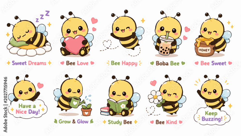 Fototapeta premium Cute Kawaii Bee Sticker Set SVG Bundle with Pastel Cartoon Honey Bee Characters