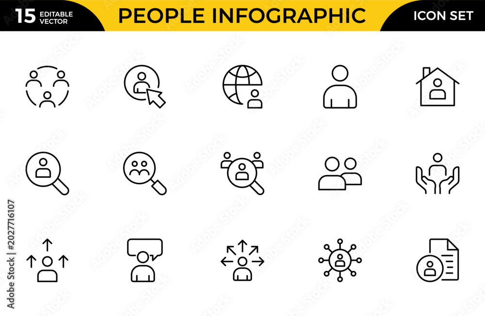 Fototapeta premium People Infographic Line Icon Set for Team Statistics, User Data, Demographics, Business Presentation and Human Analytics Outline Vector Collection