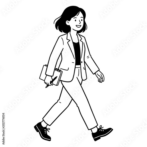 110-1_笑顔で歩くスーツ姿の女性