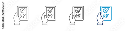 Task list icon shows a computer screen displaying four icon desings related to a task list, likely being worked on in vector graphic. Is created with various line thicknesses and the colour of blue.