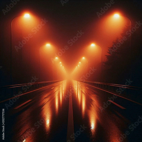 An empty, rain-soaked highway at night, stretching into darkness, lit only by the periodic glow of sodium vapor streetlights creating pools of orange light, Ai generated image