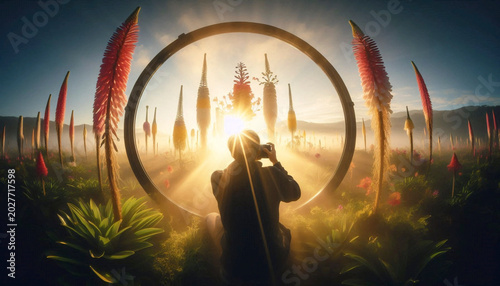 A photographer crouched in a field of tall sunflowers, capturing the sunrise, with the morning mist still clinging to the ground, Ai generated image