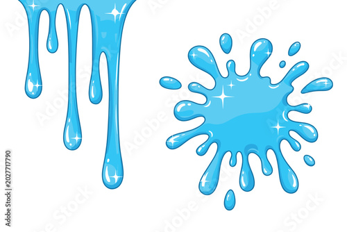 Water liquid splash with blue slime drops vector illustration set isolated on transparent surface.