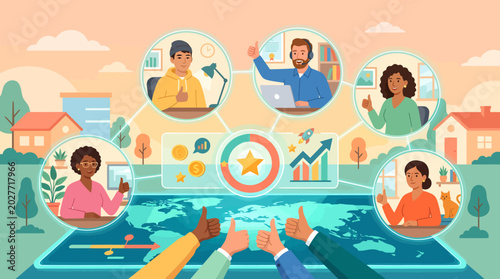 Diverse team collaborating remotely, sharing ideas and giving thumbs up, celebrating success and growth
