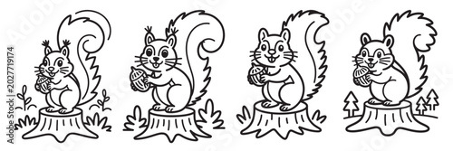 Cute squirrel coloring page set, 4 cartoon squirrel characters with acorns on tree stumps, black and white forest animal vector illustrations for kids