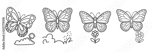 Butterfly coloring page set, black and white butterfly line art illustrations with flowers, 4 butterfly vector outlines for kids activity