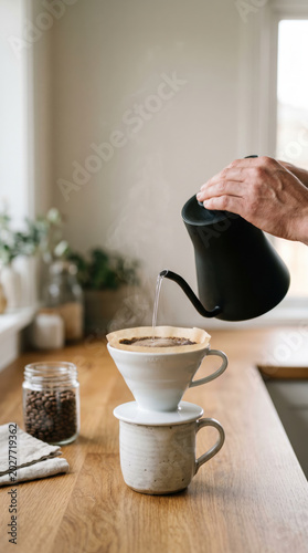 Pour over coffee hand kettle drip coffee coffee filter coffee cup hot water brewing fresh coffee ceramic cup with paper filter, steam rising