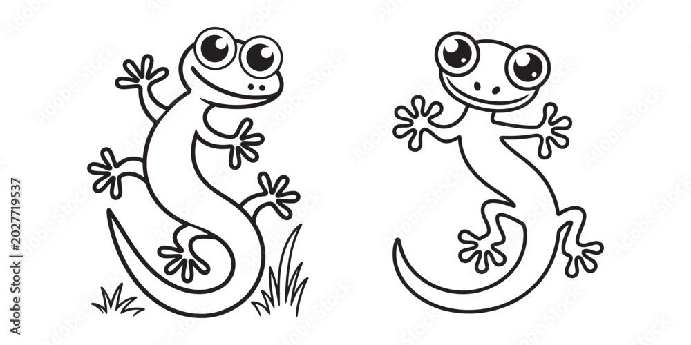 Fototapeta premium Cute lizard cartoon character vector set, smiling gecko line art illustrations, black and white reptile coloring book elements for kids