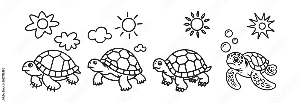 Obraz premium Cute turtle coloring page set, cartoon sea turtle and land tortoise vector illustrations, black and white animal outlines for kids activity books