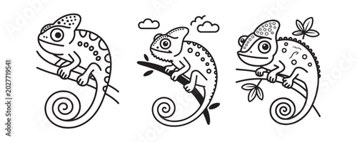 Chameleon coloring page set, cute lizard line art vector collection, 3 cartoon reptile characters on branches for kids activity book