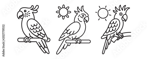 Minimalist cockatoo bird line art icons, tropical parrot vector set, simple black and white exotic bird illustrations for coloring and logos