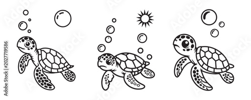 Cute sea turtle coloring page vector, cartoon baby turtles swimming underwater with bubbles, black and white line art illustrations for kids activity
