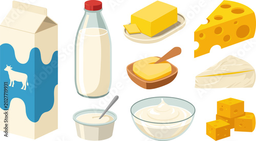 Photos Organic Dairy Product Vector Element Set Featuring Fresh Cow Milk Carton, Glass