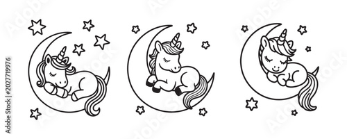 Cute sleeping unicorn coloring page set, 3 hand drawn mythical creatures on crescent moon, black and white line art illustrations for kids activity